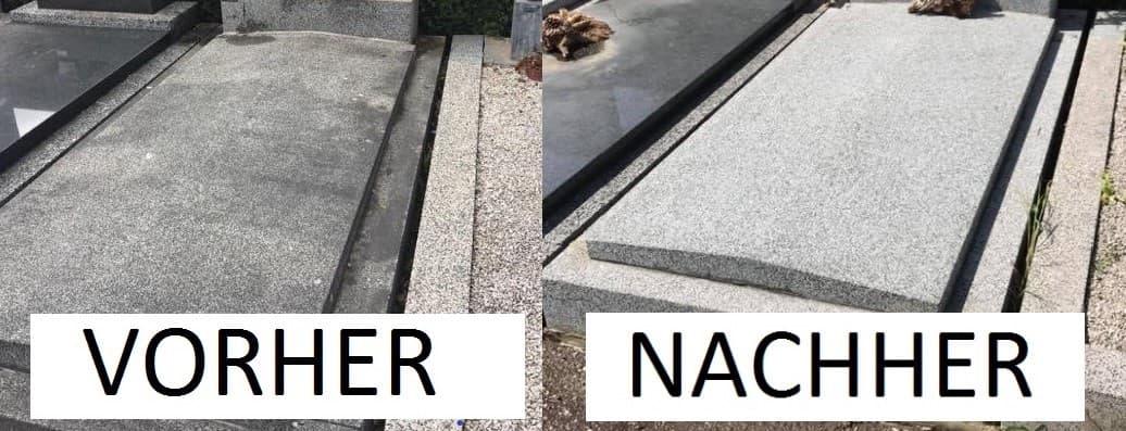 Direkter Vorher-Nachher-Vergleich einer Grabsteinplatte: verwittert und nach Reinigung und Sandstrahlung