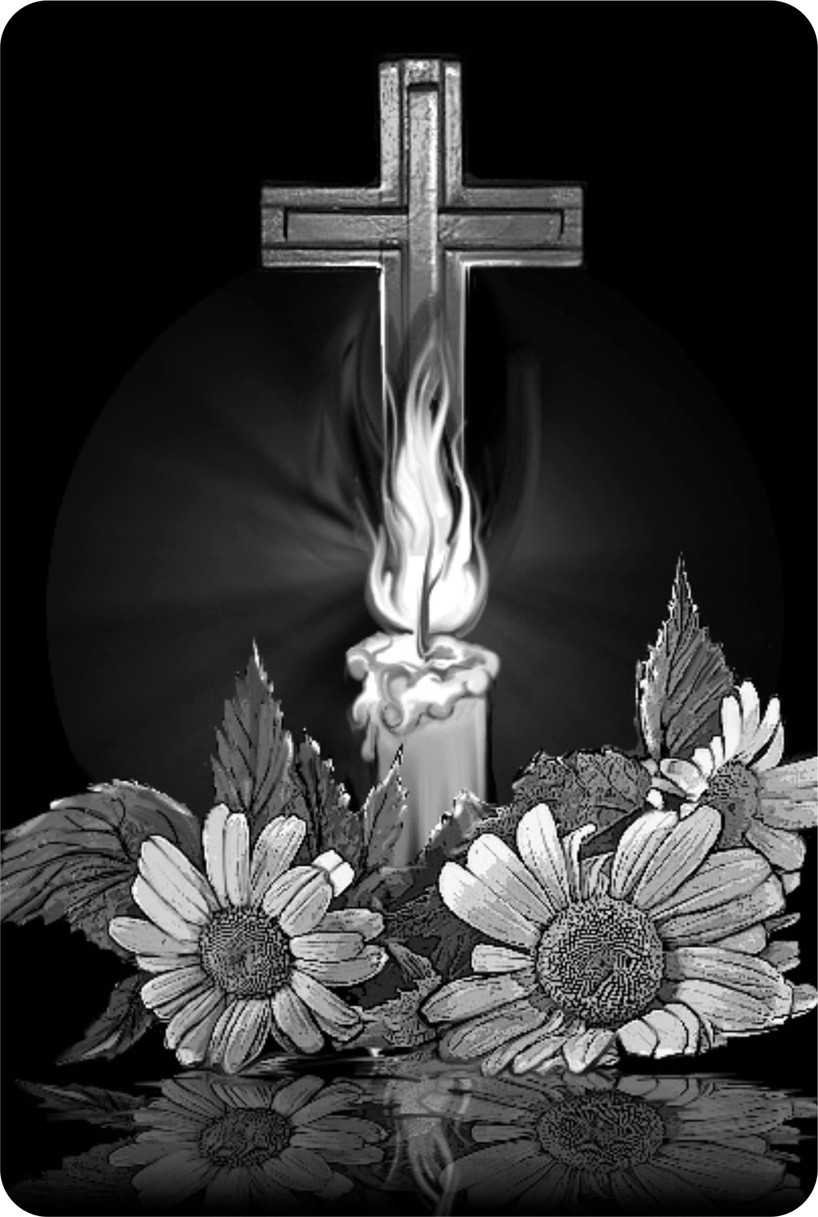 Ritzzeichnung eines Kreuzes mit brennender Kerze und Sonnenblumen