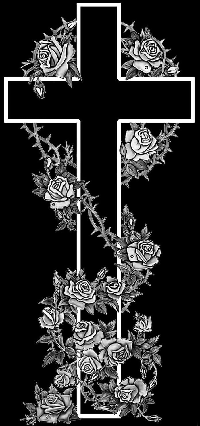 Ritzzeichnung eines weißen Kreuzes umrankt von Rosen und Dornenzweigen